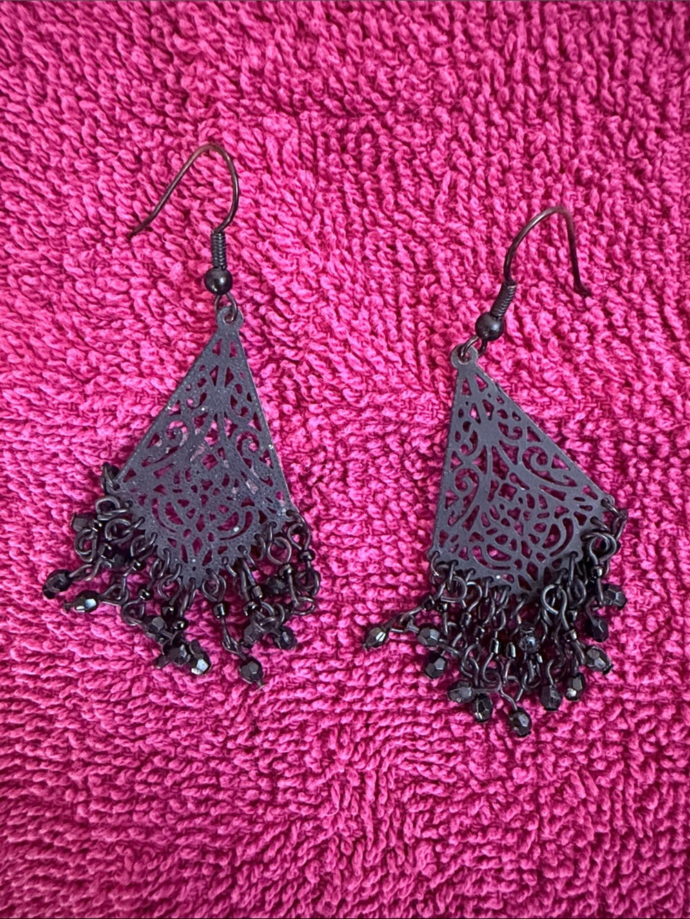 Black Filigree Dangle Earrings with Beaded Fringe - Women Jewelry